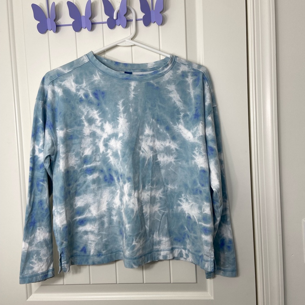 EUC Old Navy women’s tie dyed pattern blue white cropped long sleeve tshirt M